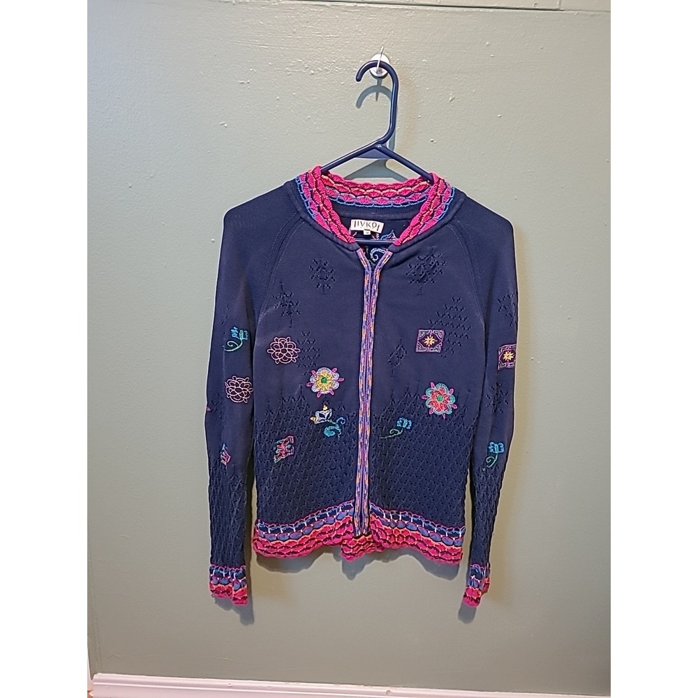 Ivko Floral Embroidered Part Sheer Zip Up Cardigan Sweater Blue Size‎ 38